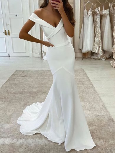 Trumpet/Mermaid Off-the-shoulder Silk-like Satin Sweep Train Wedding Dresses #Milly00024077