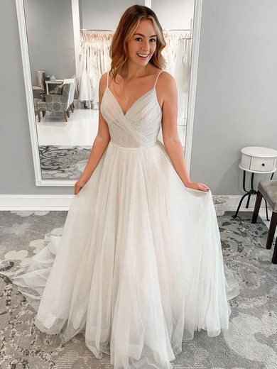 A-line V-neck Glitter Court Train Beading Wedding Dresses #Milly00024079