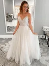 Ball Gown V-neck Tulle Court Train Wedding Dresses With Appliques Lace #Milly00024079