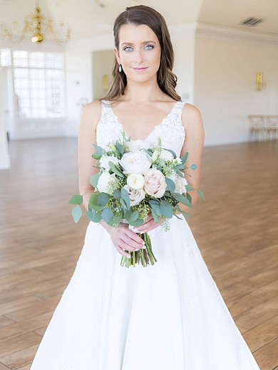 A-line V-neck Satin Court Train Appliques Lace Wedding Dresses #Milly00024083
