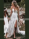 A-line V-neck Tulle Sweep Train Appliques Lace Wedding Dresses #Milly00024088