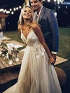 Ball Gown V-neck Tulle Sweep Train Wedding Dresses With Appliques Lace #Milly00024089