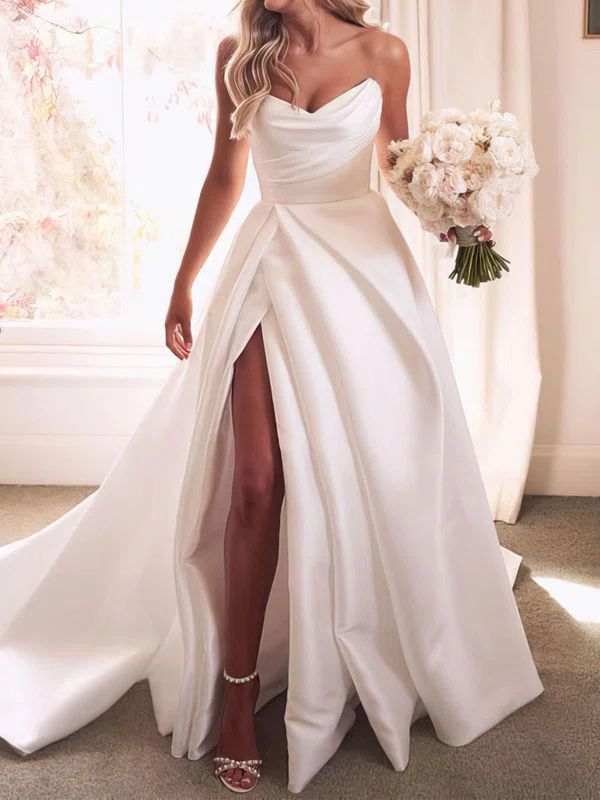 Ball Gown V-neck Satin Sweep Train Wedding Dresses With Split Front #Milly00024090