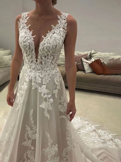 A-line V-neck Tulle Sweep Train Appliques Lace Wedding Dresses #Milly00024091