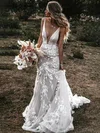 Trumpet/Mermaid V-neck Tulle Sweep Train Wedding Dresses With Appliques Lace #Milly00024092