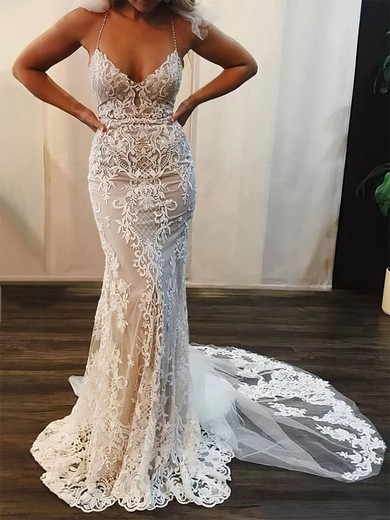 Trumpet/Mermaid V-neck Lace Sweep Train Wedding Dresses With Appliques Lace #Milly00024095