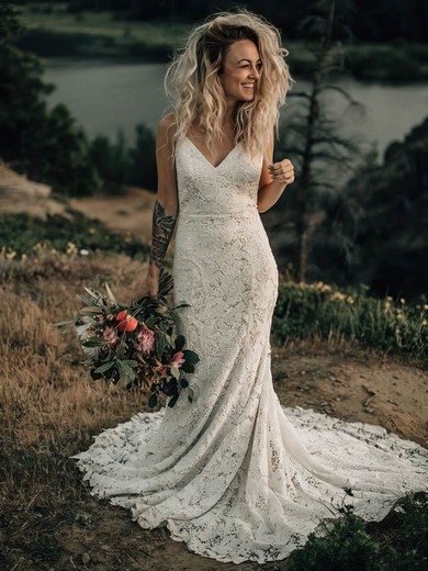 Trumpet/Mermaid V-neck Lace Sweep Train Wedding Dresses #Milly00024096