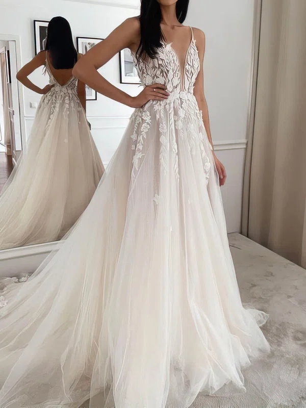 Ball Gown/Princess V-neck Tulle Sweep Train Wedding Dresses With Appliques Lace #Milly00024100