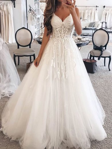 Ball Gown Sweetheart Tulle Sweep Train Wedding Dresses With Appliques Lace #Milly00024102