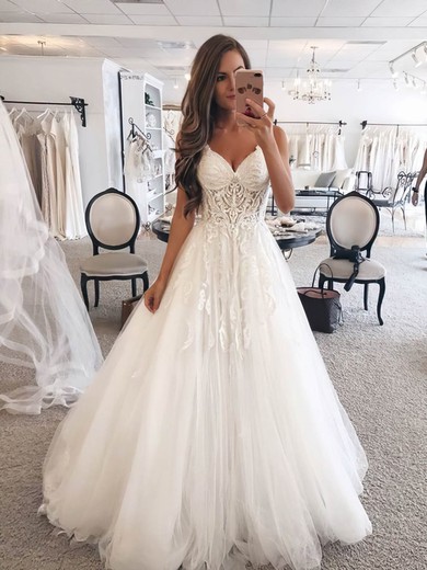 A-line Sweetheart Tulle Sweep Train Appliques Lace Wedding Dresses #Milly00024102