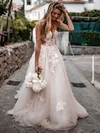 Ball Gown V-neck Tulle Sweep Train Wedding Dresses With Appliques Lace #Milly00024104