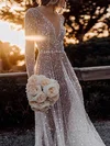 A-line V-neck Glitter Sweep Train Wedding Dresses #Milly00024106