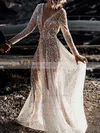 A-line V-neck Glitter Sweep Train Wedding Dresses #Milly00024106
