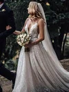 Ball Gown V-neck Glitter Court Train Wedding Dresses With Appliques Lace #Milly00024107