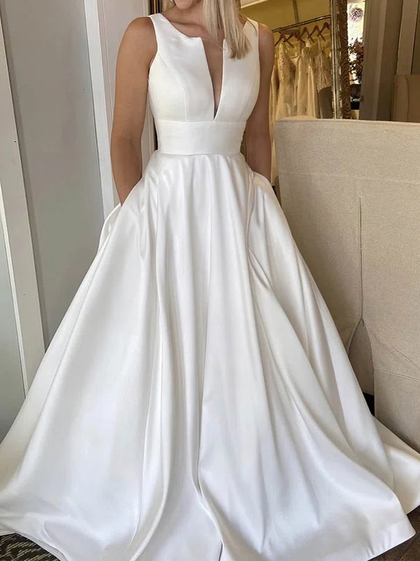 Ball Gown/Princess V-neck Satin Sweep Train Wedding Dresses With Pockets #Milly00024110