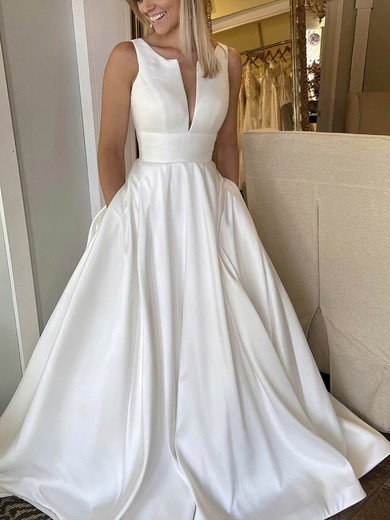 A-line V-neck Satin Sweep Train Pockets Wedding Dresses #Milly00024110
