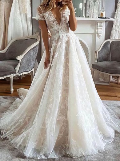 Ball Gown V-neck Tulle Sweep Train Wedding Dresses With Appliques Lace #Milly00024113