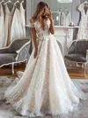 Ball Gown V-neck Tulle Sweep Train Wedding Dresses With Appliques Lace #Milly00024113
