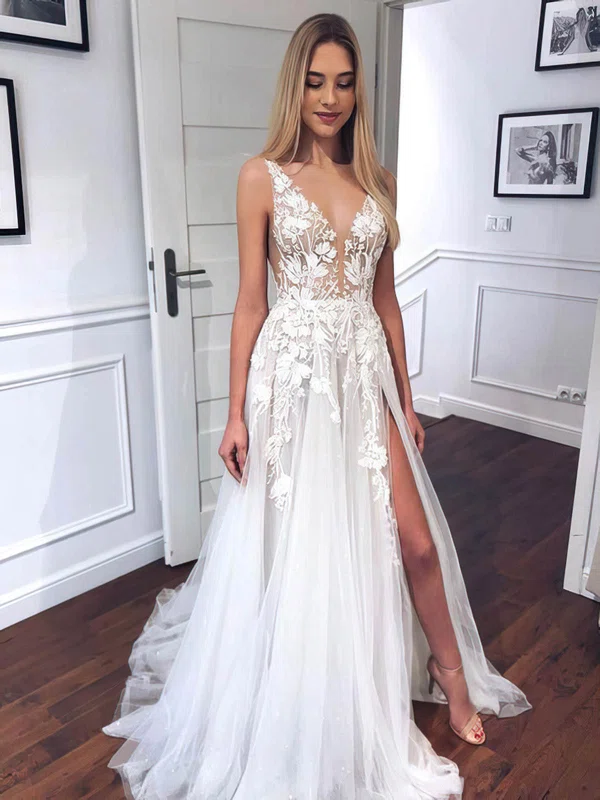 Ball Gown V-neck Tulle Sweep Train Wedding Dresses With Split Front #Milly00024114