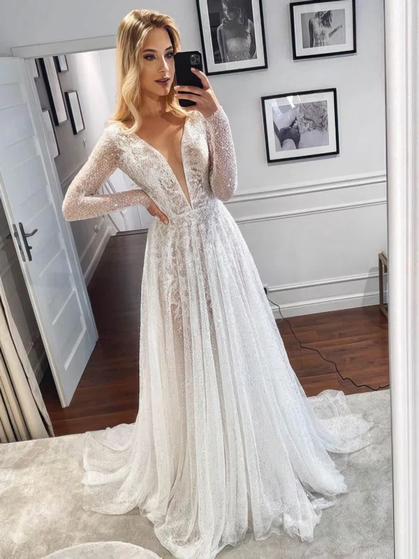 Ball Gown V-neck Glitter Sweep Train Wedding Dresses With Appliques Lace #Milly00024116