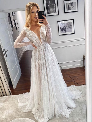 A-line V-neck Glitter Sweep Train Wedding Dresses #Milly00024116