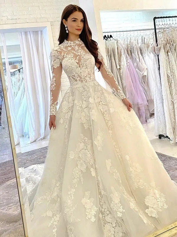 Ball Gown High Neck Tulle Court Train Wedding Dresses With Appliques Lace #Milly00024120