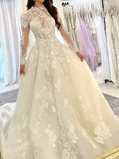 Ball Gown High Neck Tulle Court Train Wedding Dresses With Appliques Lace #Milly00024120