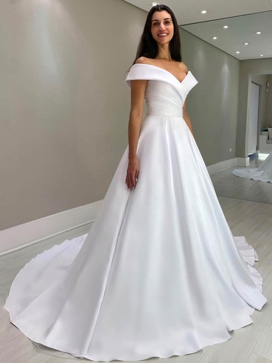 A-line Off-the-shoulder Satin Sweep Train Wedding Dresses #Milly00024121