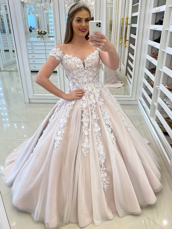 Ball Gown Illusion Tulle Sweep Train Wedding Dresses With Appliques Lace #Milly00024122