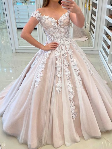 Ball Gown Illusion Tulle Sweep Train Wedding Dresses With Appliques Lace #Milly00024122