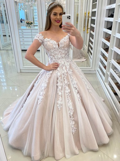 Ball Gown Scoop Neck Tulle Sweep Train Appliques Lace Wedding Dresses #Milly00024122