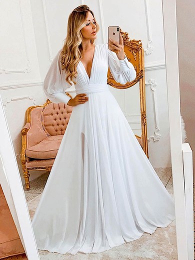A-line V-neck Chiffon Sweep Train Wedding Dresses #Milly00024125