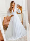 A-line V-neck Chiffon Sweep Train Wedding Dresses With Ruffles #Milly00024125