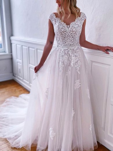 A-line Scalloped Neck Tulle Sweep Train Appliques Lace Wedding Dresses #Milly00024127