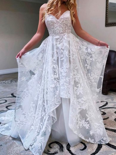 Ball Gown V-neck Tulle Sweep Train Wedding Dresses With Appliques Lace #Milly00024128