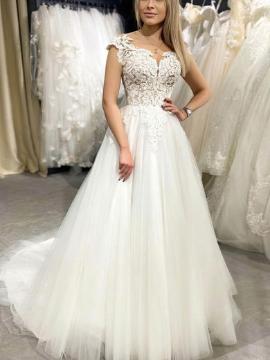 A-line Scalloped Neck Tulle Sweep Train Appliques Lace Wedding Dresses #Milly00024129