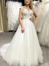 Ball Gown Illusion Tulle Sweep Train Wedding Dresses With Appliques Lace #Milly00024129
