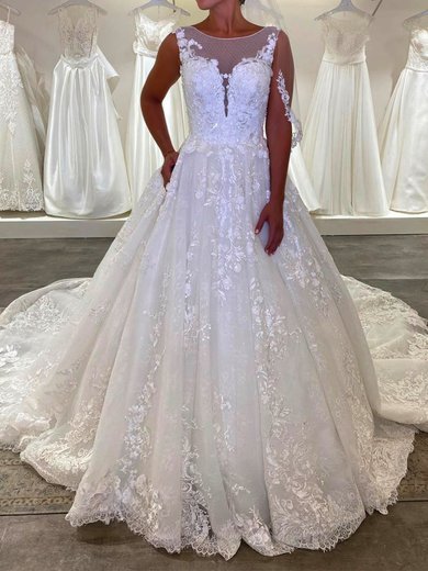 Ball Gown Illusion Tulle Court Train Wedding Dresses With Beading #Milly00024130