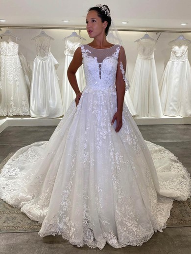 Ball Gown Scoop Neck Tulle Court Train Beading Wedding Dresses #Milly00024130