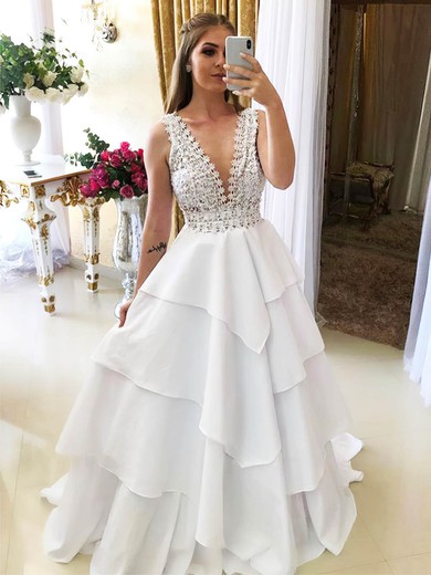 A-line V-neck Silk-like Satin Sweep Train Appliques Lace Wedding Dresses #Milly00024131