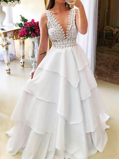 Ball Gown V-neck Silk-like Satin Sweep Train Wedding Dresses With Tiered #Milly00024131