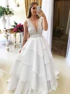 Ball Gown V-neck Silk-like Satin Sweep Train Wedding Dresses With Tiered #Milly00024131