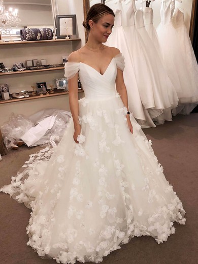 Ball Gown Off-the-shoulder Tulle Sweep Train Ruffles Wedding Dresses #Milly00024132