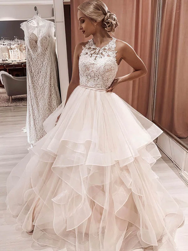 Ball Gown Illusion Tulle Sweep Train Wedding Dresses With Cascading Ruffles #Milly00024133