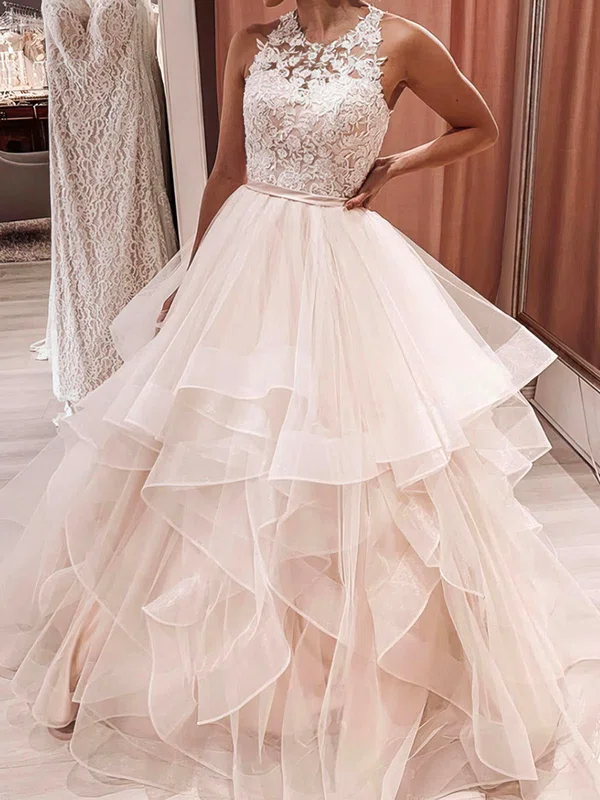 Ball Gown/Princess Illusion Tulle Sweep Train Wedding Dresses With Cascading Ruffles #Milly00024133