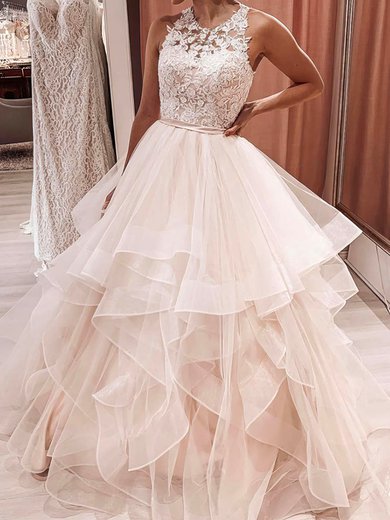 Ball Gown Illusion Tulle Sweep Train Wedding Dresses With Cascading Ruffles #Milly00024133