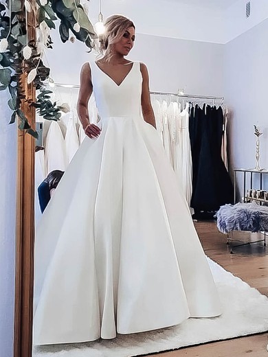 A-line V-neck Satin Sweep Train Pockets Wedding Dresses #Milly00024134
