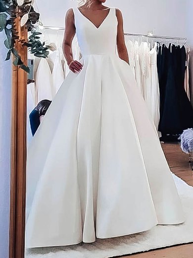 Ball Gown V-neck Satin Sweep Train Wedding Dresses With Pockets #Milly00024134