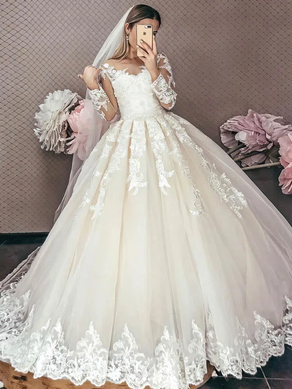 Ball Gown Illusion Tulle Sweep Train Wedding Dresses With Appliques Lace #Milly00024136