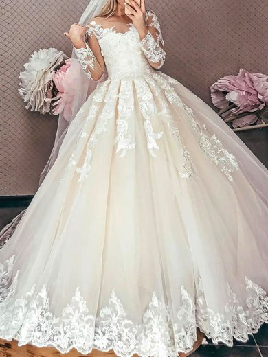 Ball Gown Illusion Tulle Sweep Train Wedding Dresses With Appliques Lace #Milly00024136